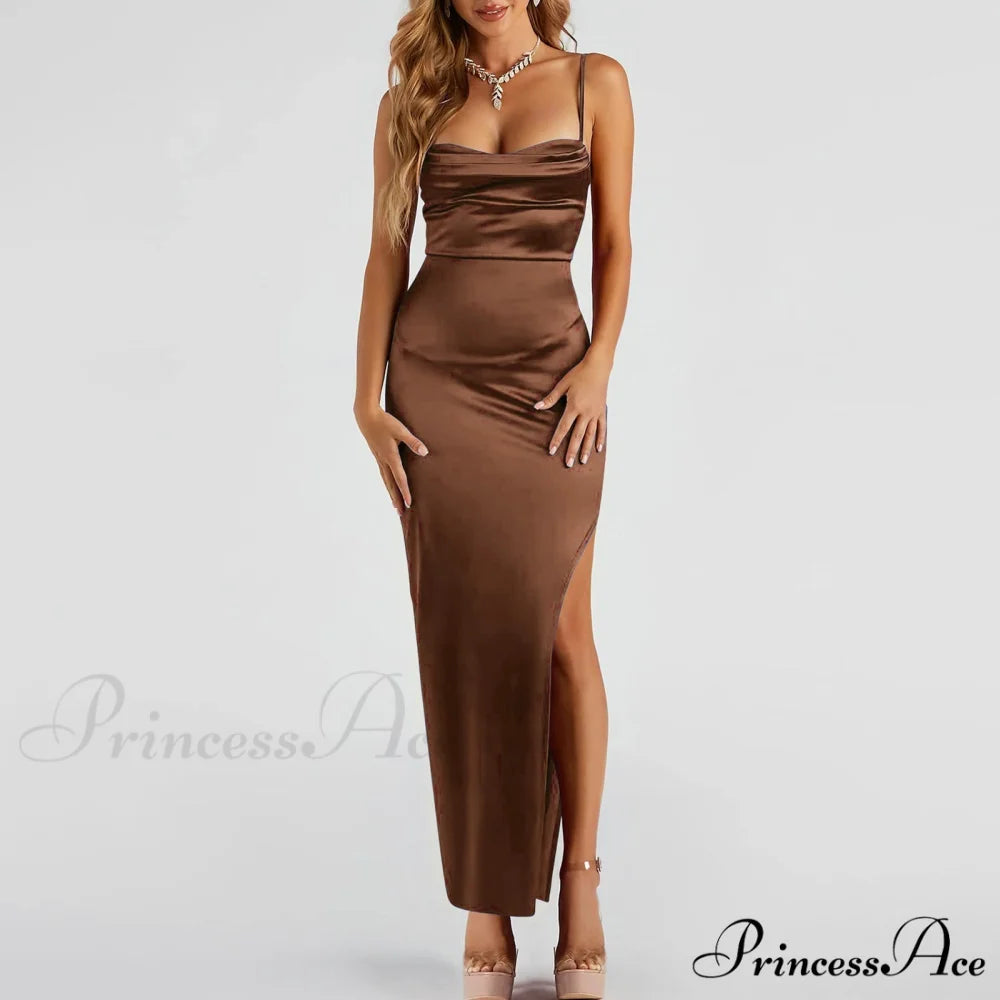 Lola High Slit Charming Satin Dress 2 Brown / S