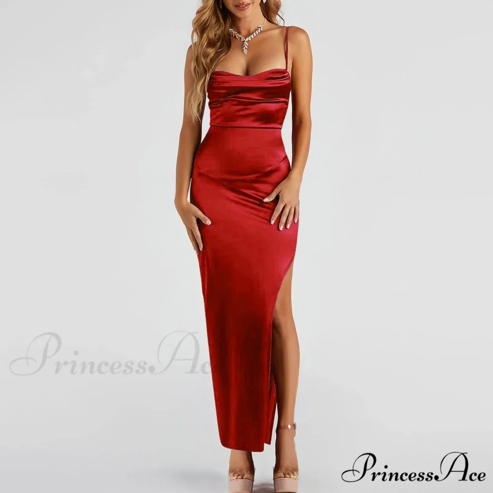 Lola High Slit Charming Satin Dress 2 Red / S