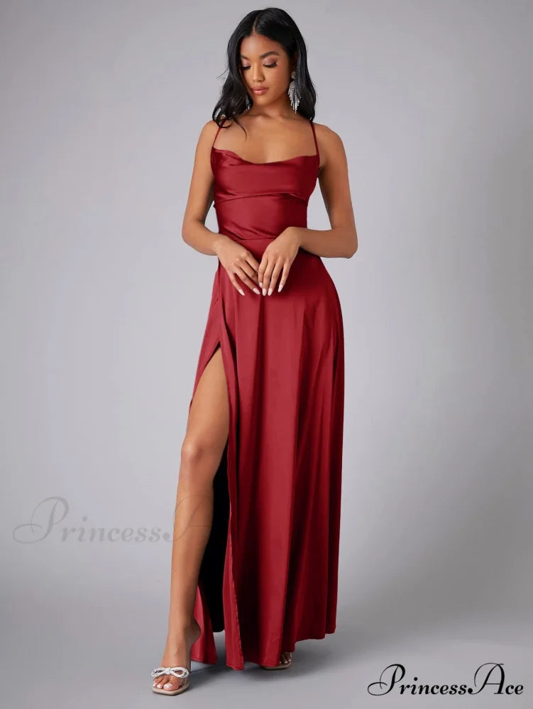 Lola High Stylish Slit Satin Dress BURGUNDY / S