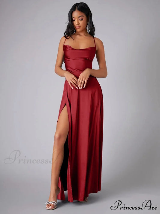 Lola High Stylish Slit Satin Dress BURGUNDY / S