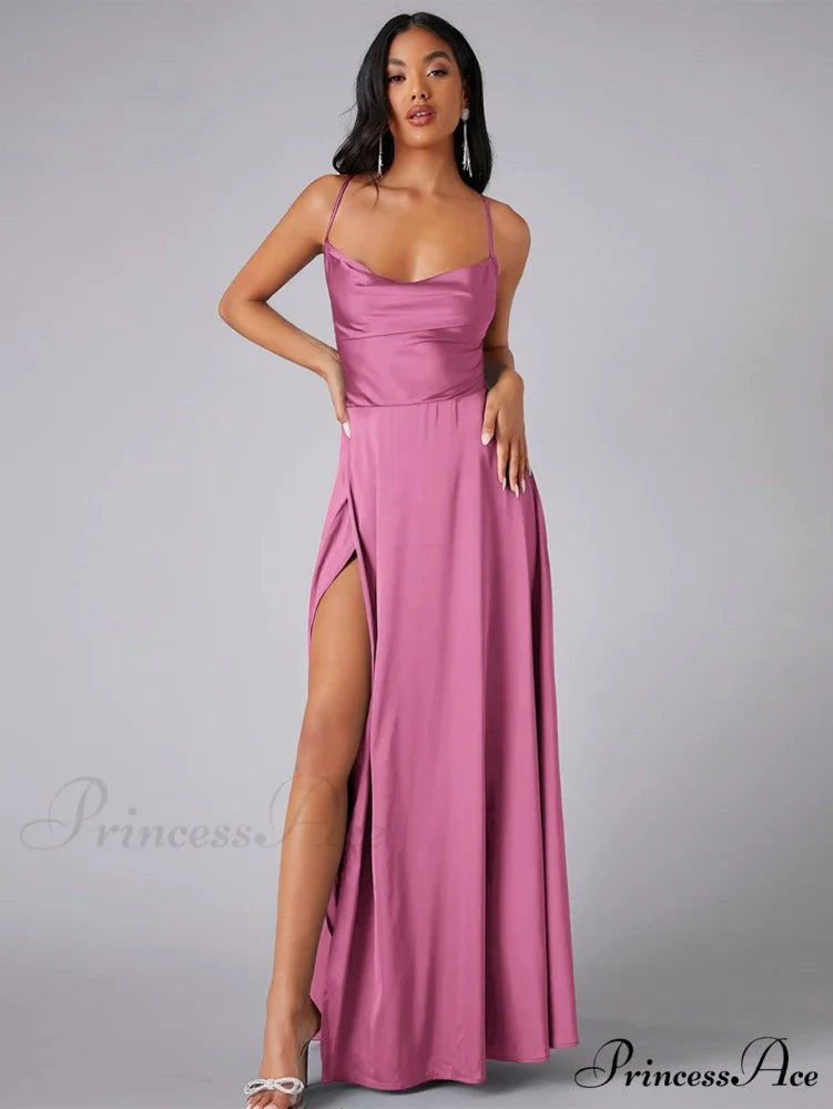 Lola High Stylish Slit Satin Dress PINK / S