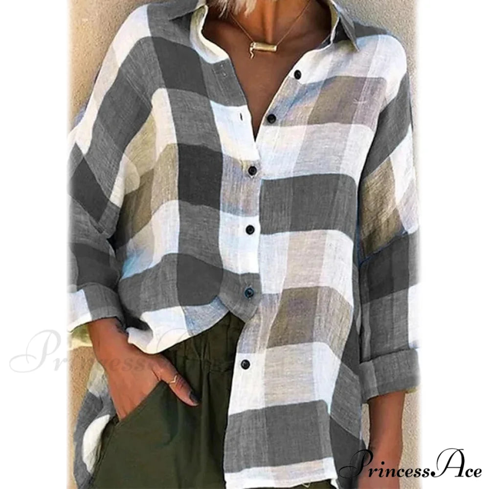 Long Arm Blouse for Basic Checkered Loose Women Gray / S