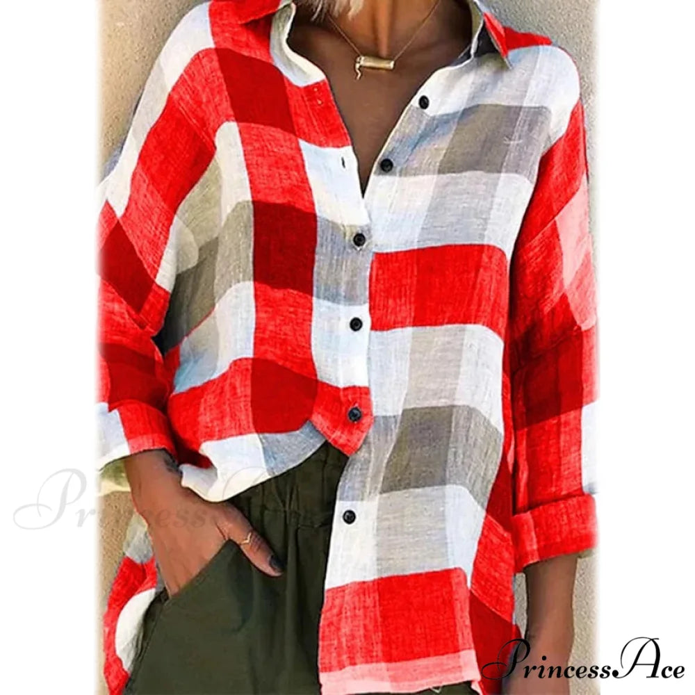 Long Arm Blouse for Basic Checkered Loose Women Red / S