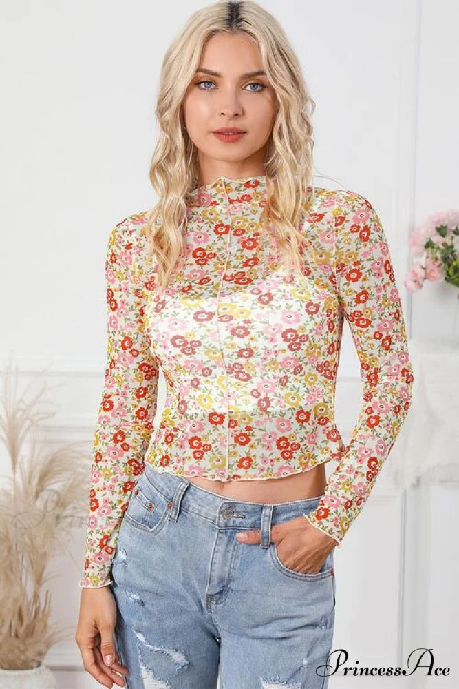 Long Arm Blouse Mock Flowered with Neck Multicolor / S