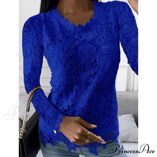 Long Arm Lace for Blouse Blouse Flowered Women Blue / S
