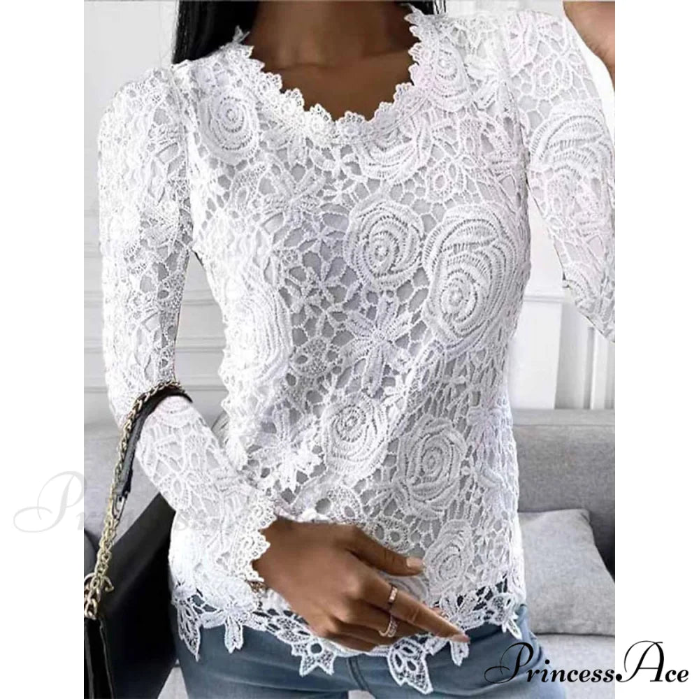 Long Arm Lace for Blouse Blouse Flowered Women White / S