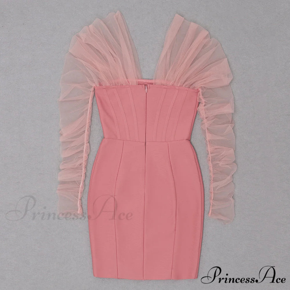 Long Arm Pink Warm-Season Sexy Bodycon Mesh Shoulder Bandage Backless Mini Women Off Dress