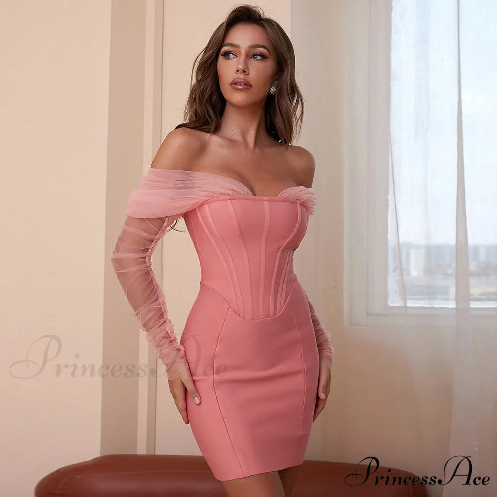 Long Arm Pink Warm-Season Sexy Bodycon Mesh Shoulder Bandage Backless Mini Women Off Dress Pink / XS / China