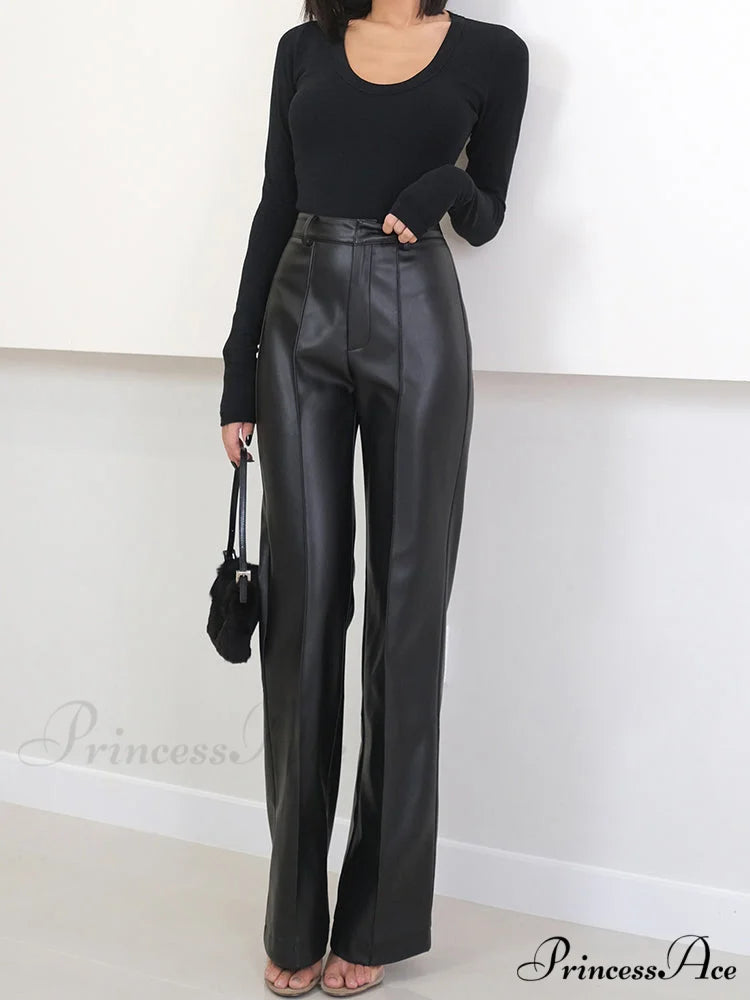 Long Black Soft Pu Leather Pants Black / XS