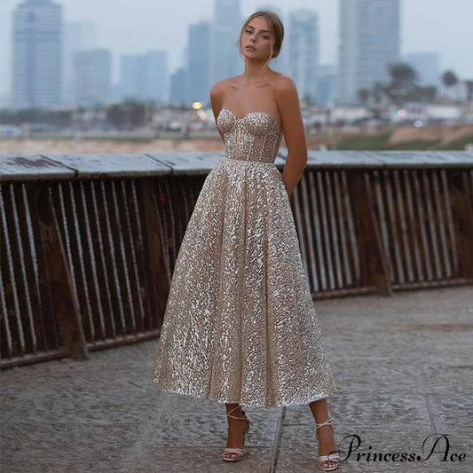 Long Bridal Gown Shiny Party Dress Golden / S