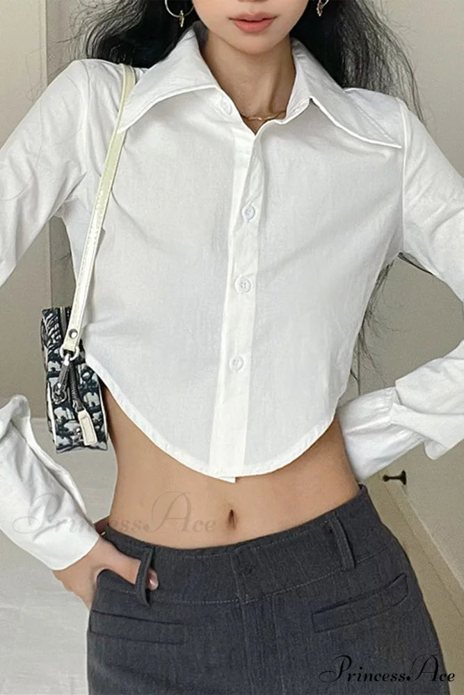 Long Button-Up Cropped Blouse Arm with White Lapel White / L