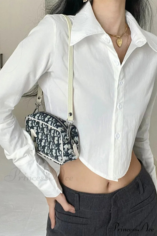 Long Button-Up Cropped Blouse Arm with White Lapel White / M