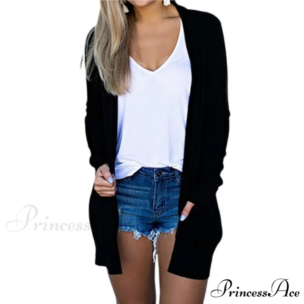 Long Cardigan Coat for Women’s Clothing Cardigans Black / M