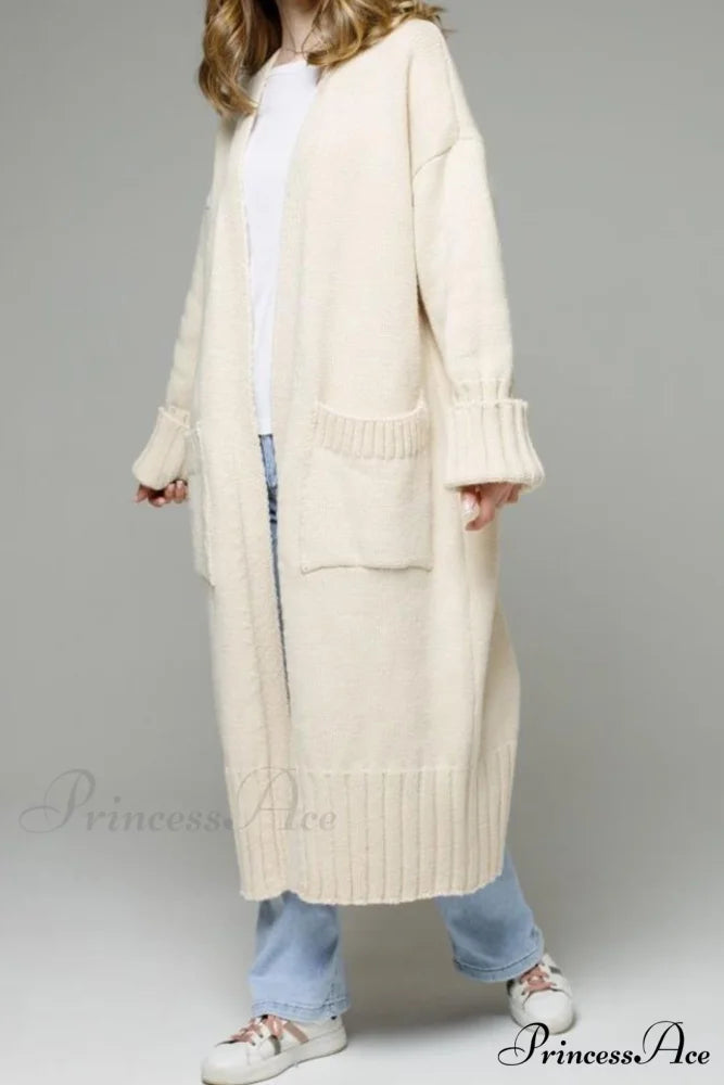 Long Cardigan with Open Front and Pockets Beige / L