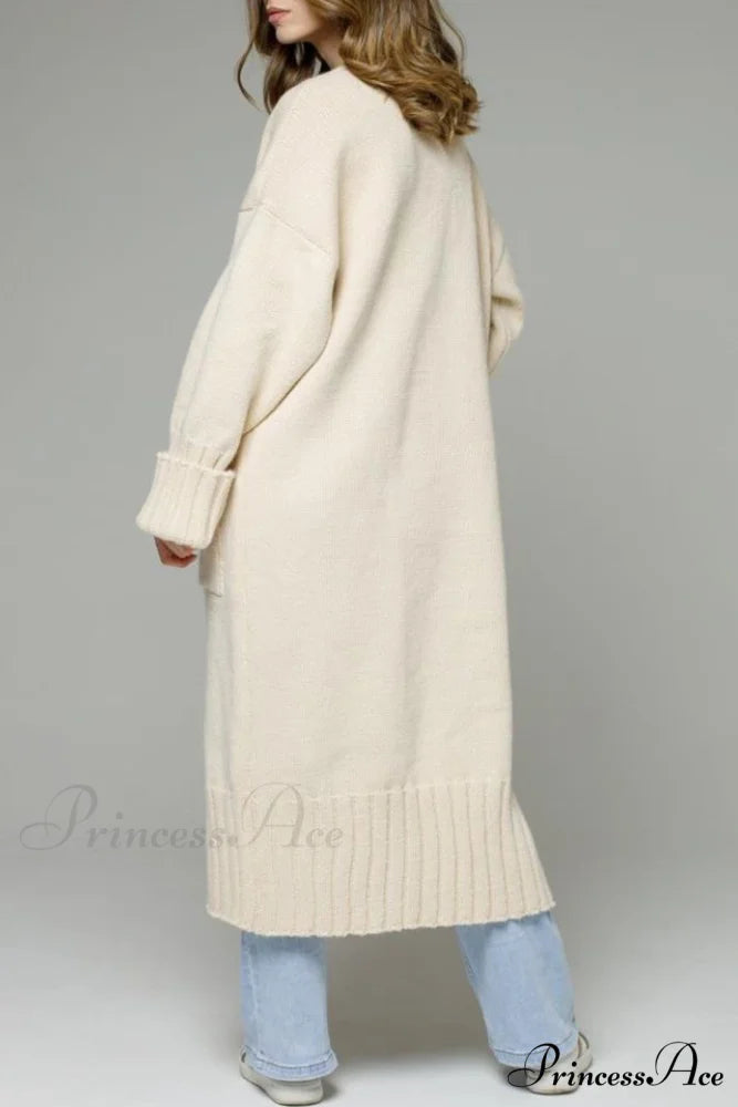 Long Cardigan with Open Front and Pockets Beige / M