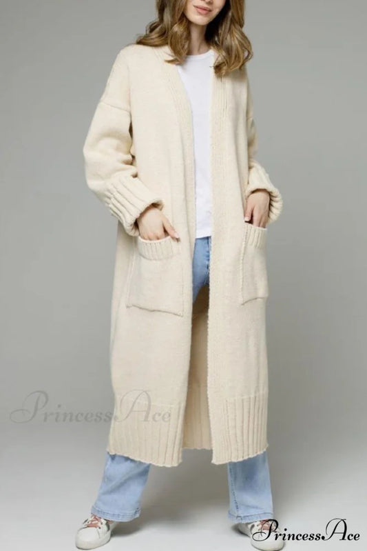 Long Cardigan with Open Front and Pockets Beige / S