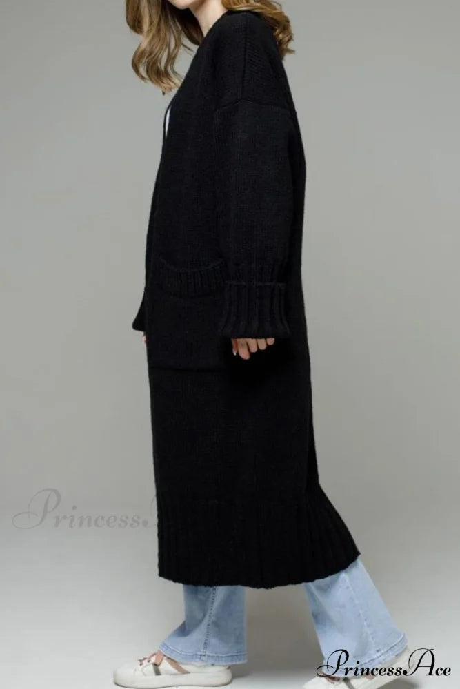Long Cardigan with Open Front and Pockets Black / L