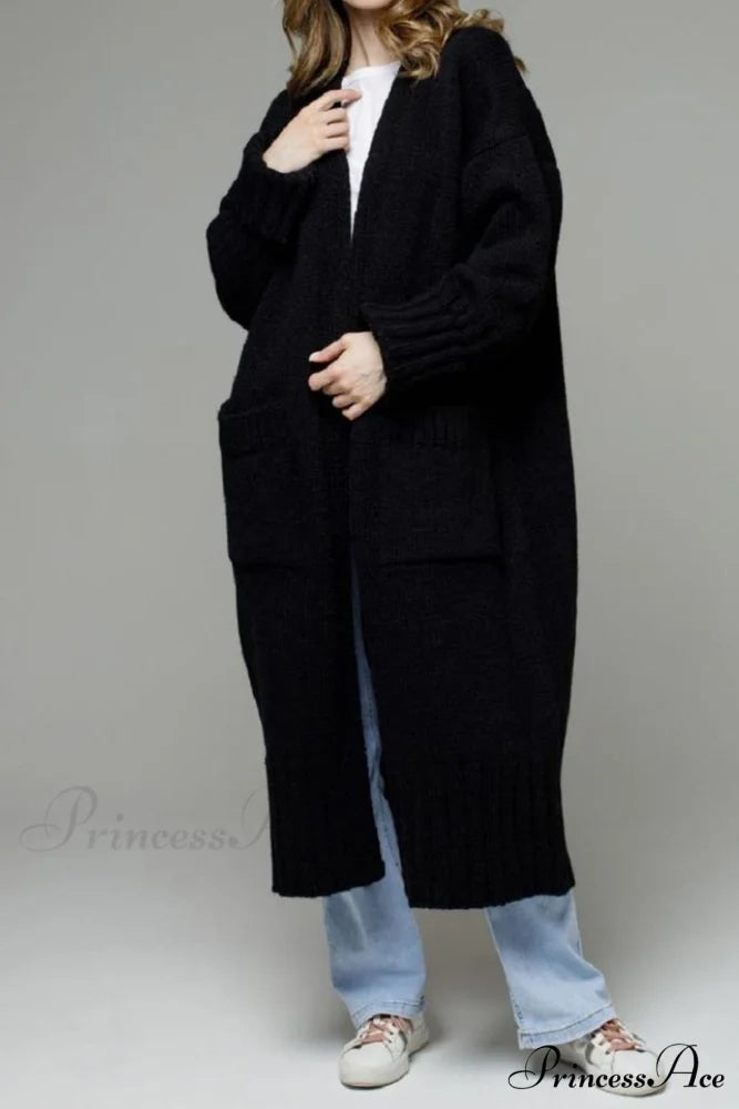 Long Cardigan with Open Front and Pockets Black / S