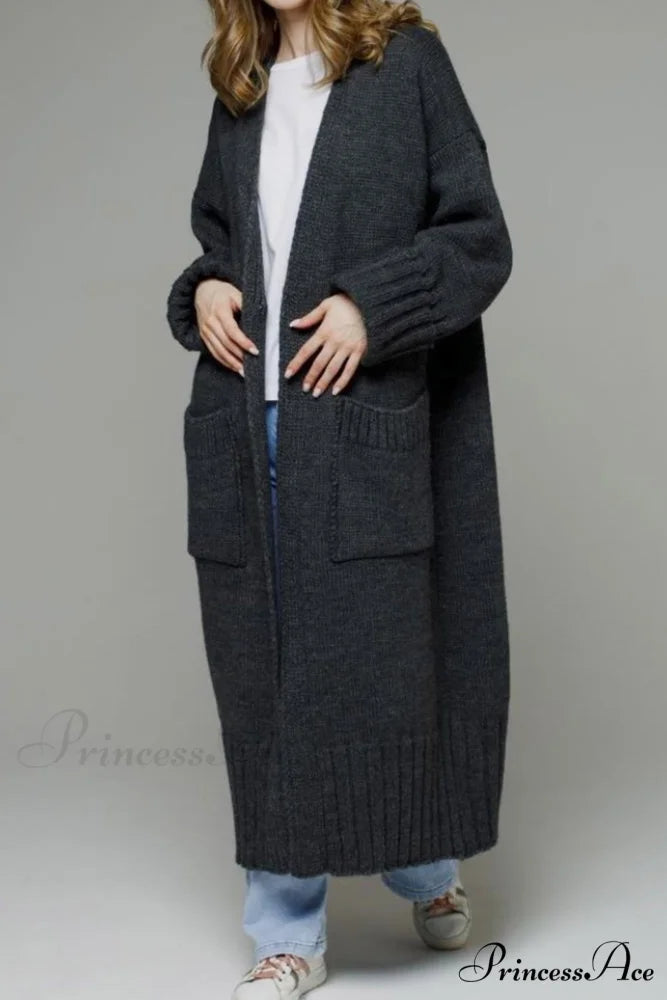 Long Cardigan with Open Front and Pockets Dark Grey / L