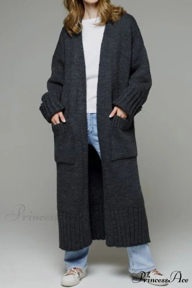 Long Cardigan with Open Front and Pockets Dark Grey / S