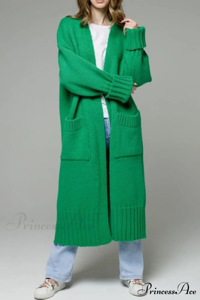 Long Cardigan with Open Front and Pockets Green / L
