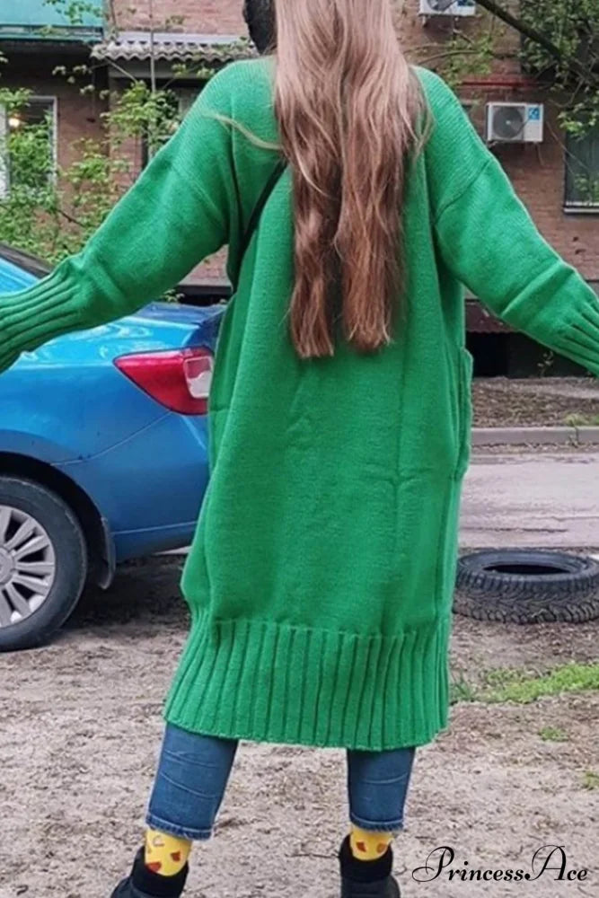 Long Cardigan with Open Front and Pockets Green / M