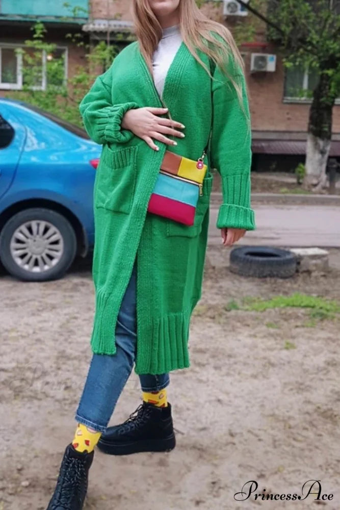 Long Cardigan with Open Front and Pockets Green / S