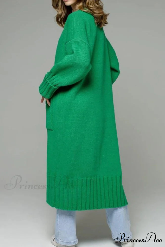 Long Cardigan with Open Front and Pockets Green / XL