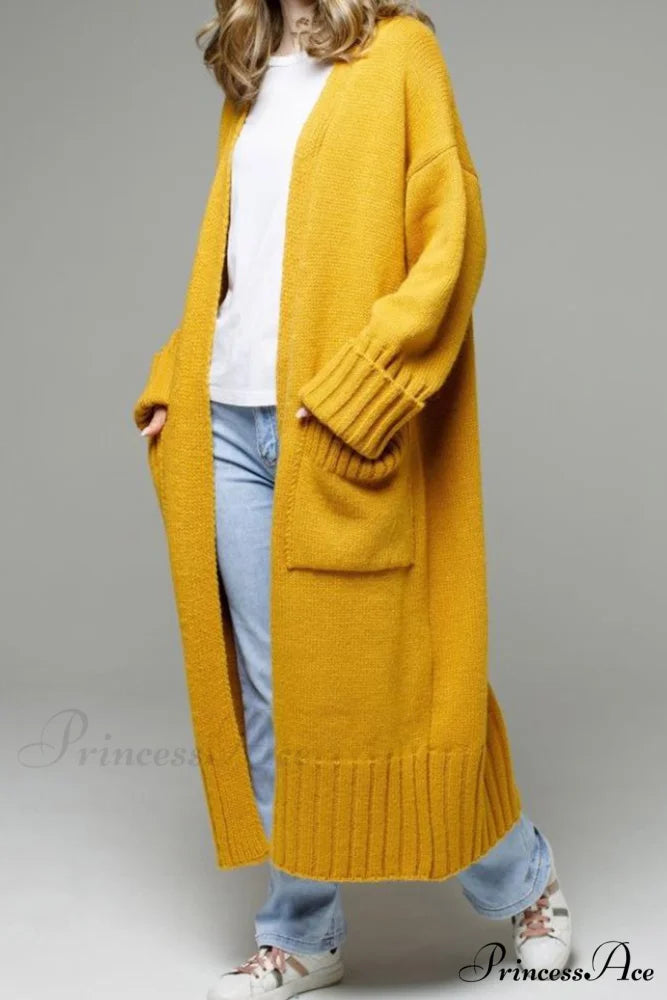 Long Cardigan with Open Front and Pockets Yellow / S