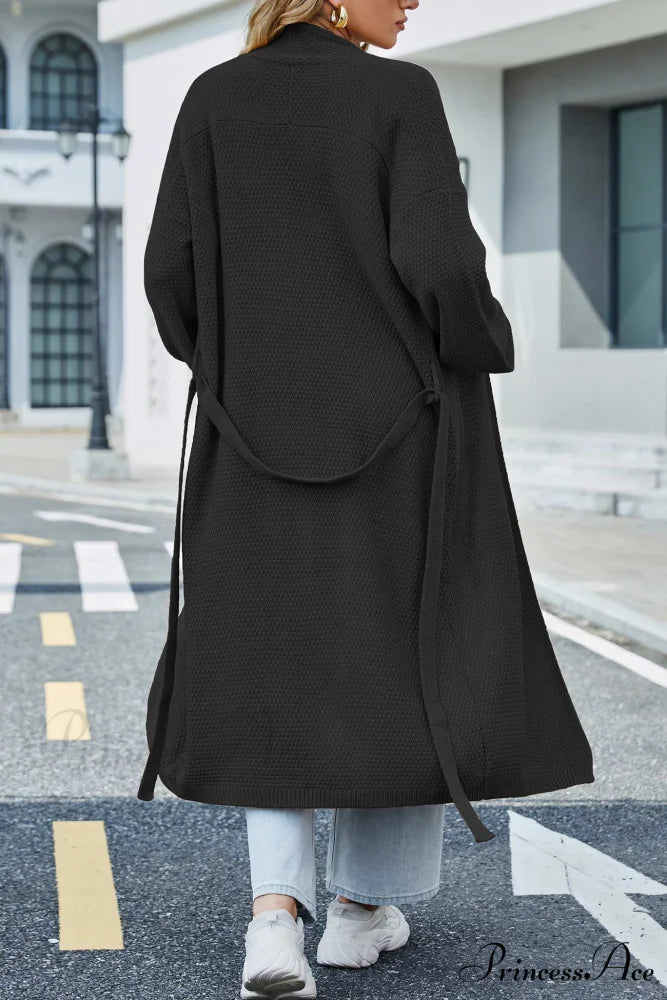 Long Cardigan with Open Front and Tie-waist Black / L