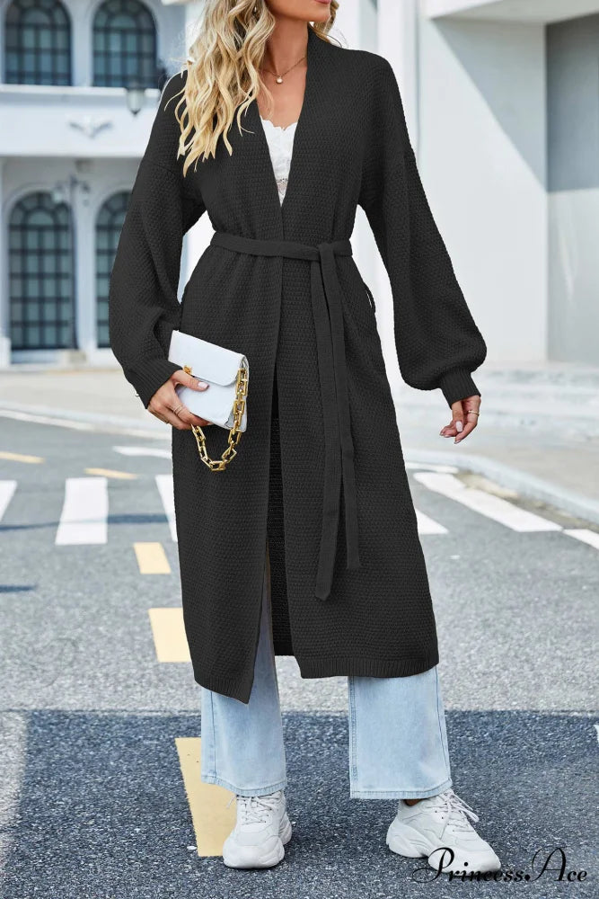 Long Cardigan with Open Front and Tie-waist Black / M