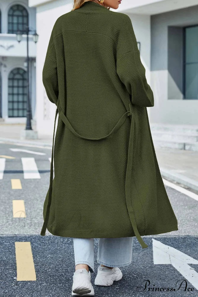 Long Cardigan with Open Front and Tie-waist Green / L