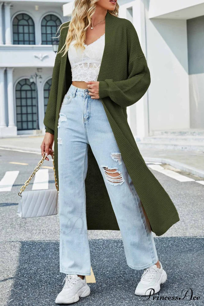 Long Cardigan with Open Front and Tie-waist Green / M
