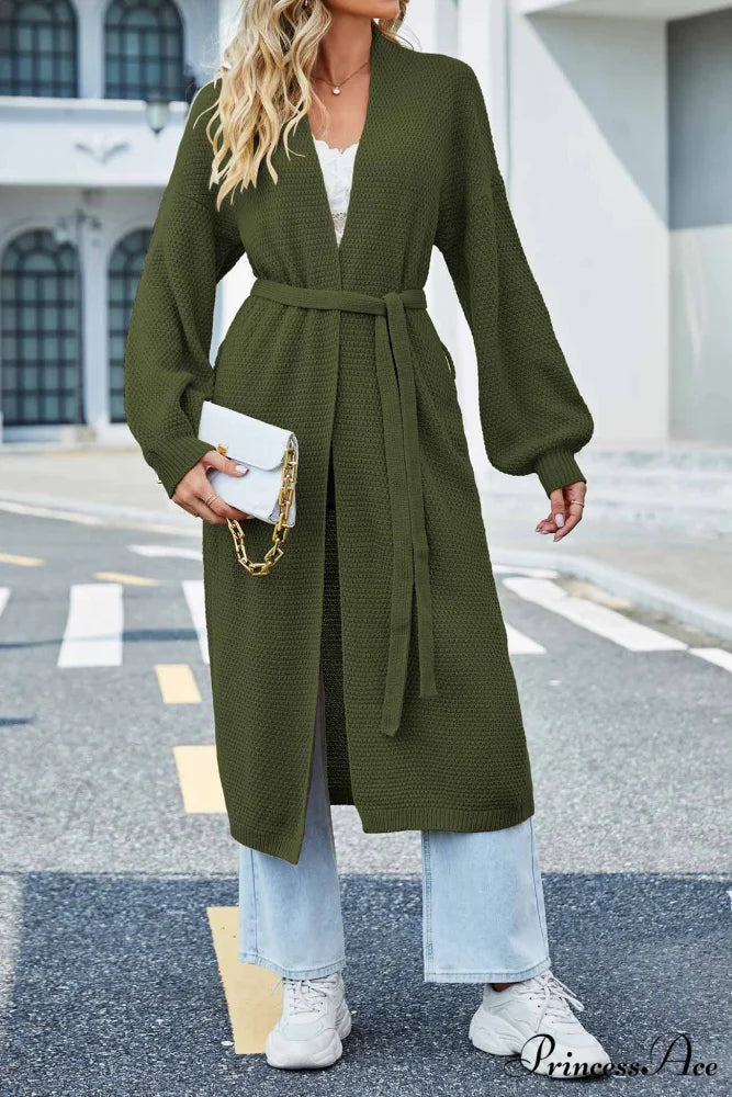 Long Cardigan with Open Front and Tie-waist Green / S