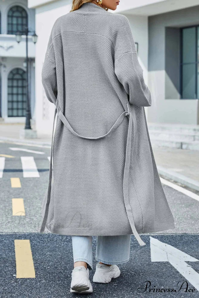 Long Cardigan with Open Front and Tie-waist Grey / L