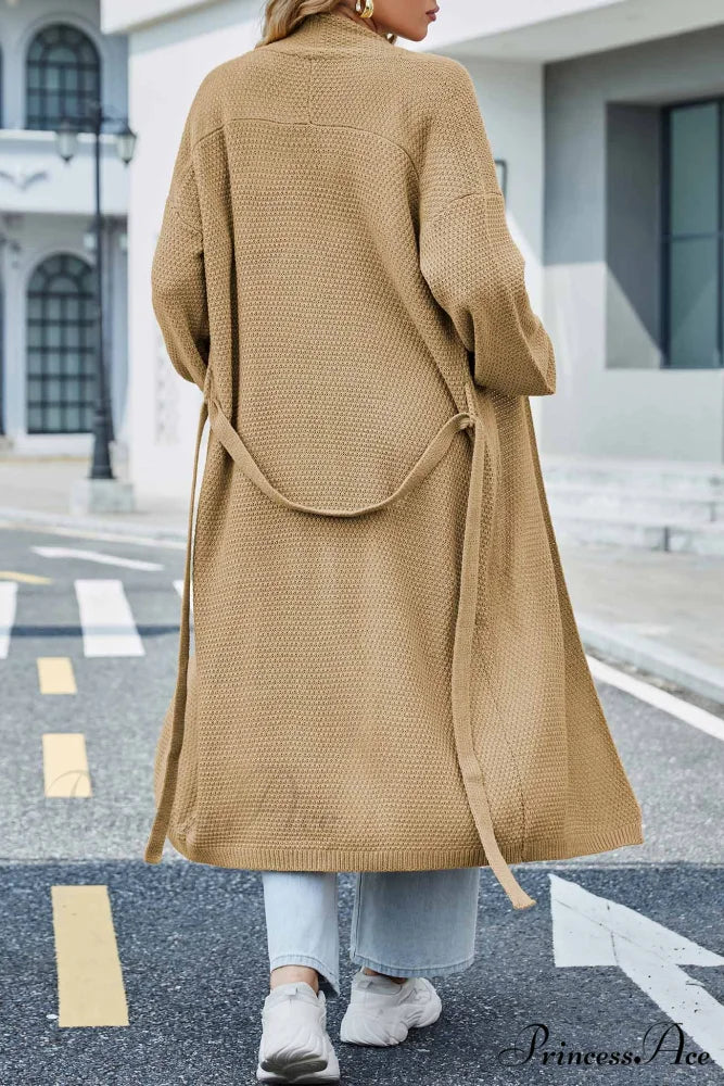 Long Cardigan with Open Front and Tie-waist Khaki / L
