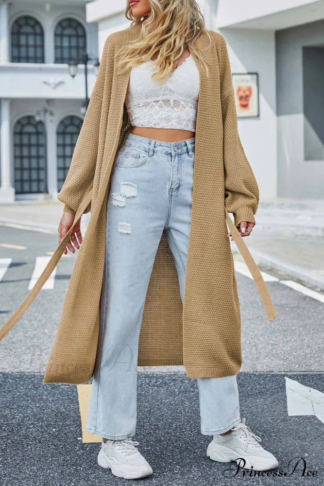 Long Cardigan with Open Front and Tie-waist Khaki / M