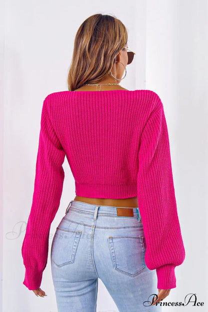 Long Cropped V-Neck Arm Sweater