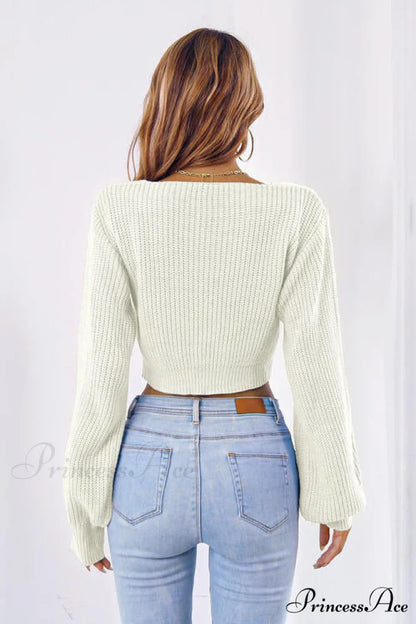 Long Cropped V-Neck Arm Sweater