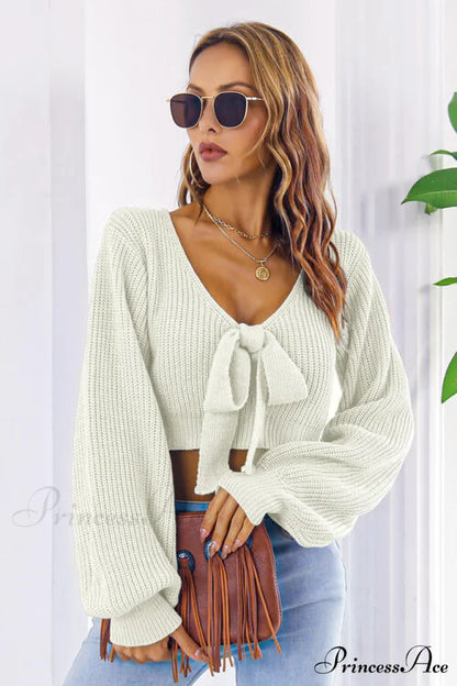 Long Cropped V-Neck Arm Sweater