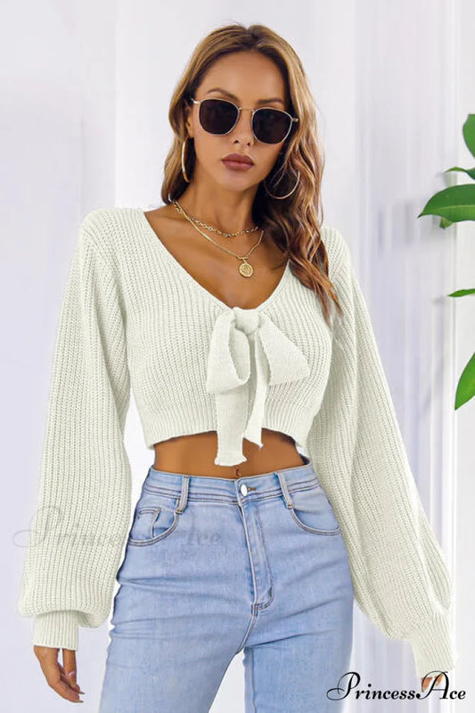 Long Cropped V-Neck Arm Sweater