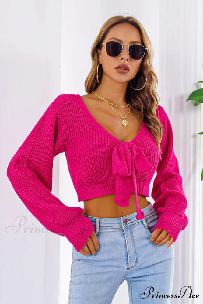 Long Cropped V-Neck Arm Sweater Deep Rose / S