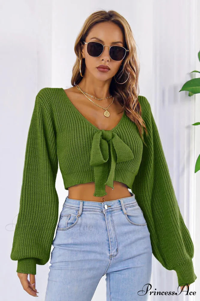 Long Cropped V-Neck Arm Sweater Green / S