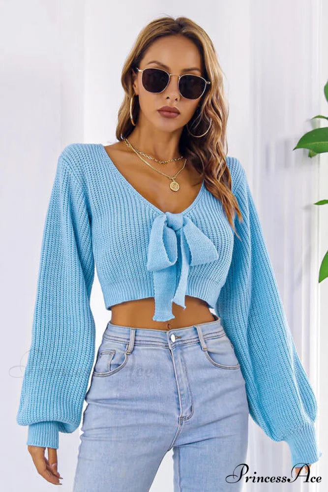 Long Cropped V-Neck Arm Sweater Pastel Blue / S