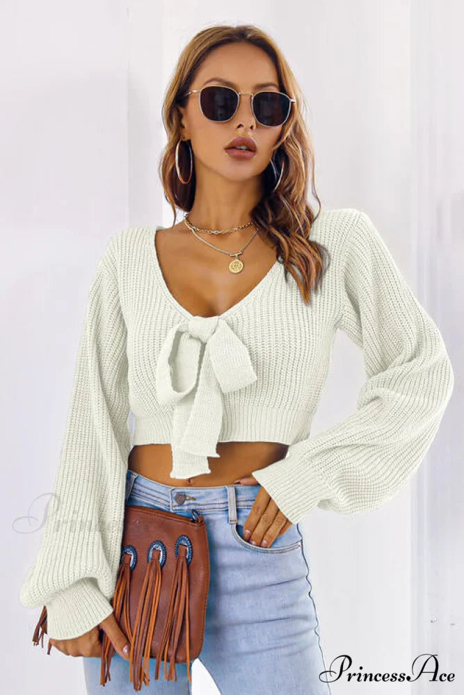 Long Cropped V-Neck Arm Sweater White / S