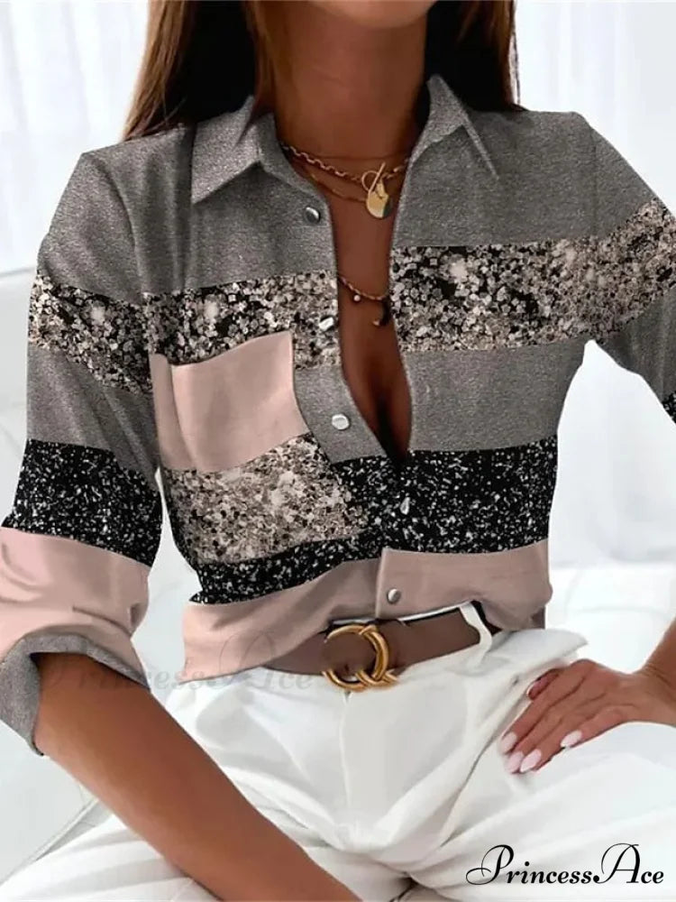 Long Design Block Button Blouse Basic Women’s Neckline Casual Color Arm Blouse