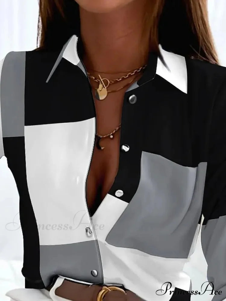 Long Design Block Button Blouse Basic Women’s Neckline Casual Color Arm Blouse