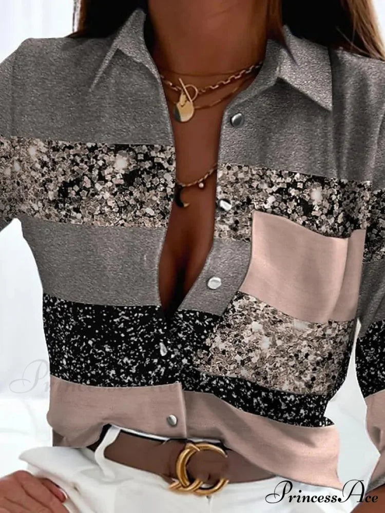Long Design Block Button Blouse Basic Women’s Neckline Casual Color Arm Blouse