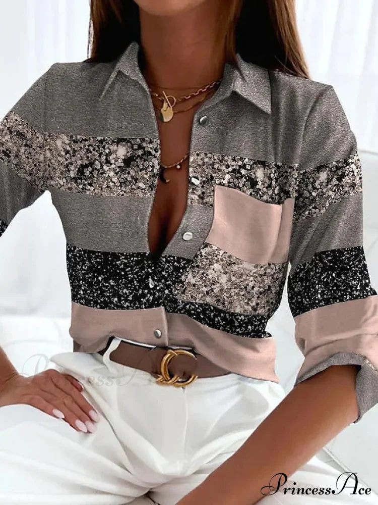 Long Design Block Button Blouse Basic Women’s Neckline Casual Color Arm Blouse Gray / S