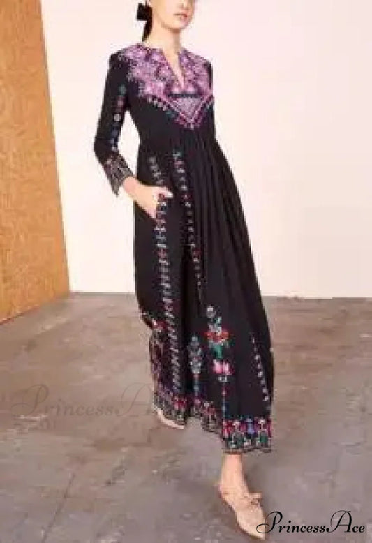 Long Dress Ethnic Floral Embroidery Rayon V-neck Stylish Dress Black / S bohodress-250126